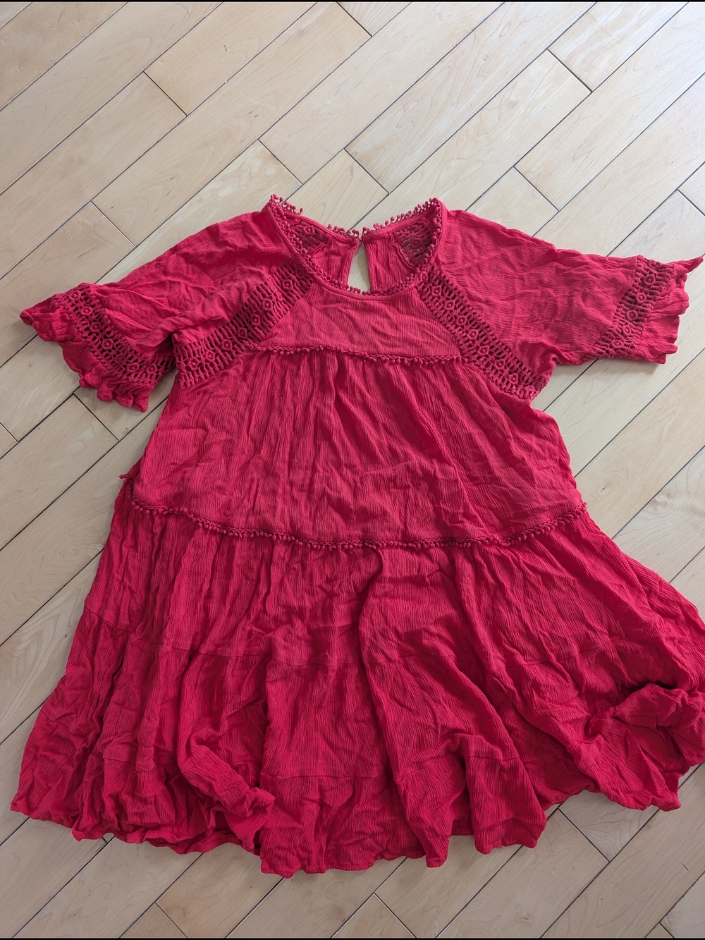 Patrons of Peace Bright Red Tiered Lace-Trim Tunic/Mini Dress